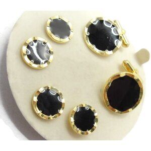 Round Gold Tone Black Cufflinks Set with 4 Shirt Buttons Wedding Tux Vintage